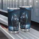 Blue Moon Wolf Insulated Travel Mug - pair of mugs, different angles | Our Phoenix Rise