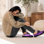 Woman wearing Purple Galaxy Print Canvas Sneakers with black soles | Our Phoenix Rise