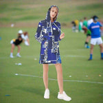 Geometric Print Hoodie Dress - Blue block pattern full body view | Our Phoenix Rise