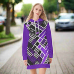 Geometric Print Hoodie Dress - Purple solid sleeve geometric chest | Our Phoenix Rise
