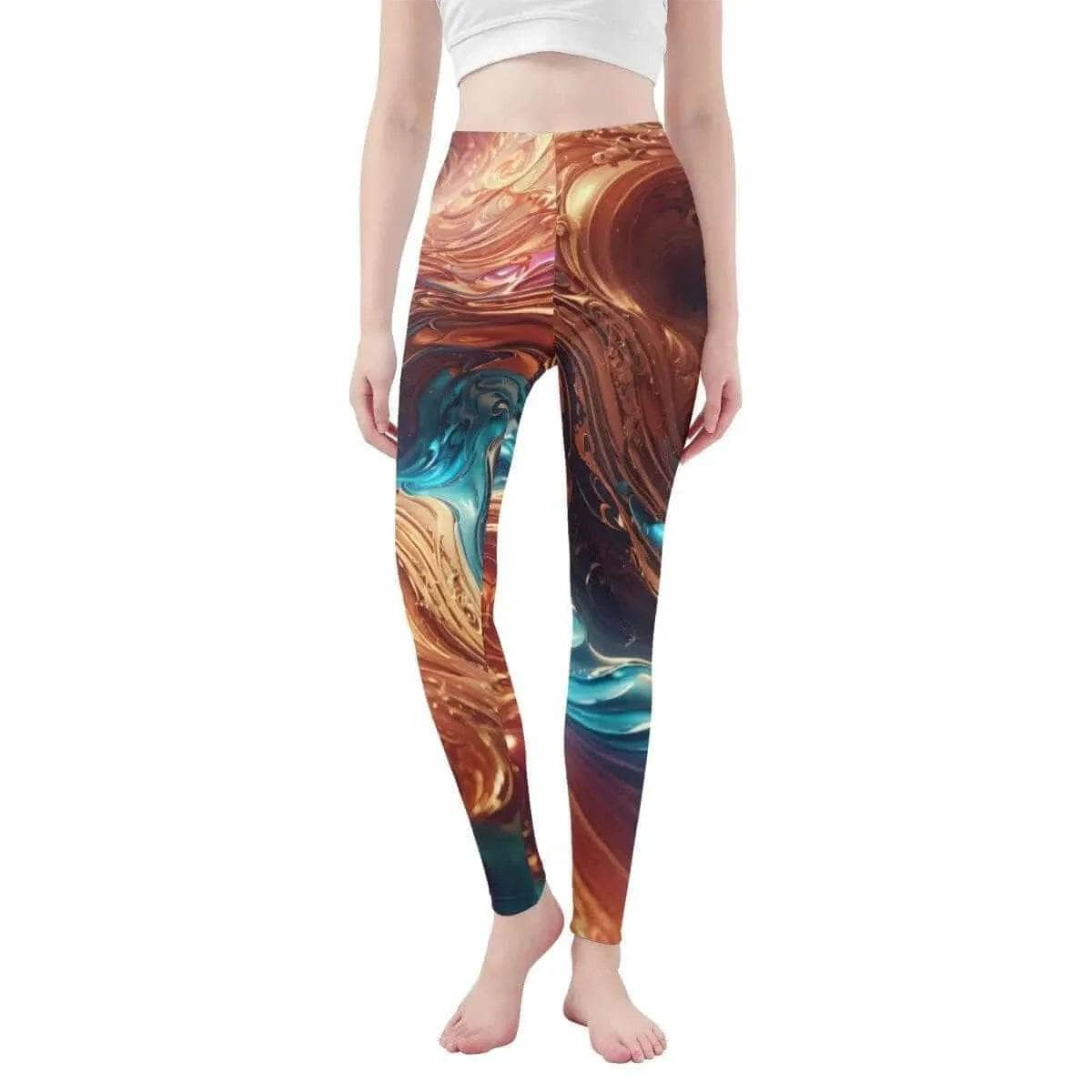 Liquid Swirl Print Athletic Leggings Brown Blue XS-3XL