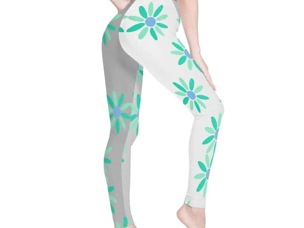 Teal Daisy Print Leggings | Calming Yoga and Gaming Tights - Iron Phoenix GHG