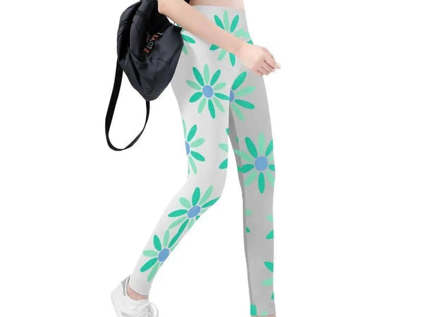 Teal Daisy Print Leggings | Calming Yoga and Gaming Tights - Iron Phoenix GHG