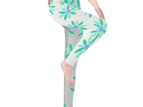 Teal Daisy Print Leggings | Calming Yoga and Gaming Tights - Iron Phoenix GHG
