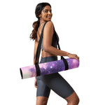 Purple galaxy print yoga mat rolled with black straps carried on shoulder | Our Phoenix Rise