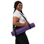 Purple galaxy print yoga mat rolled with black strap over shoulder side view | Our Phoenix Rise